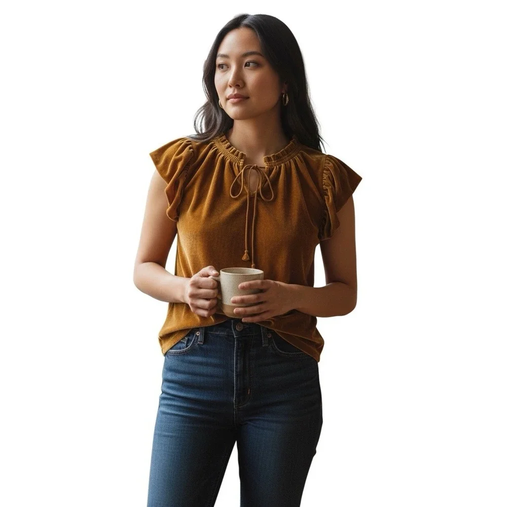 Free People XS Mustard Velvet Puff Sleeve Boho Top Ruched Neck Tie Front Stretch